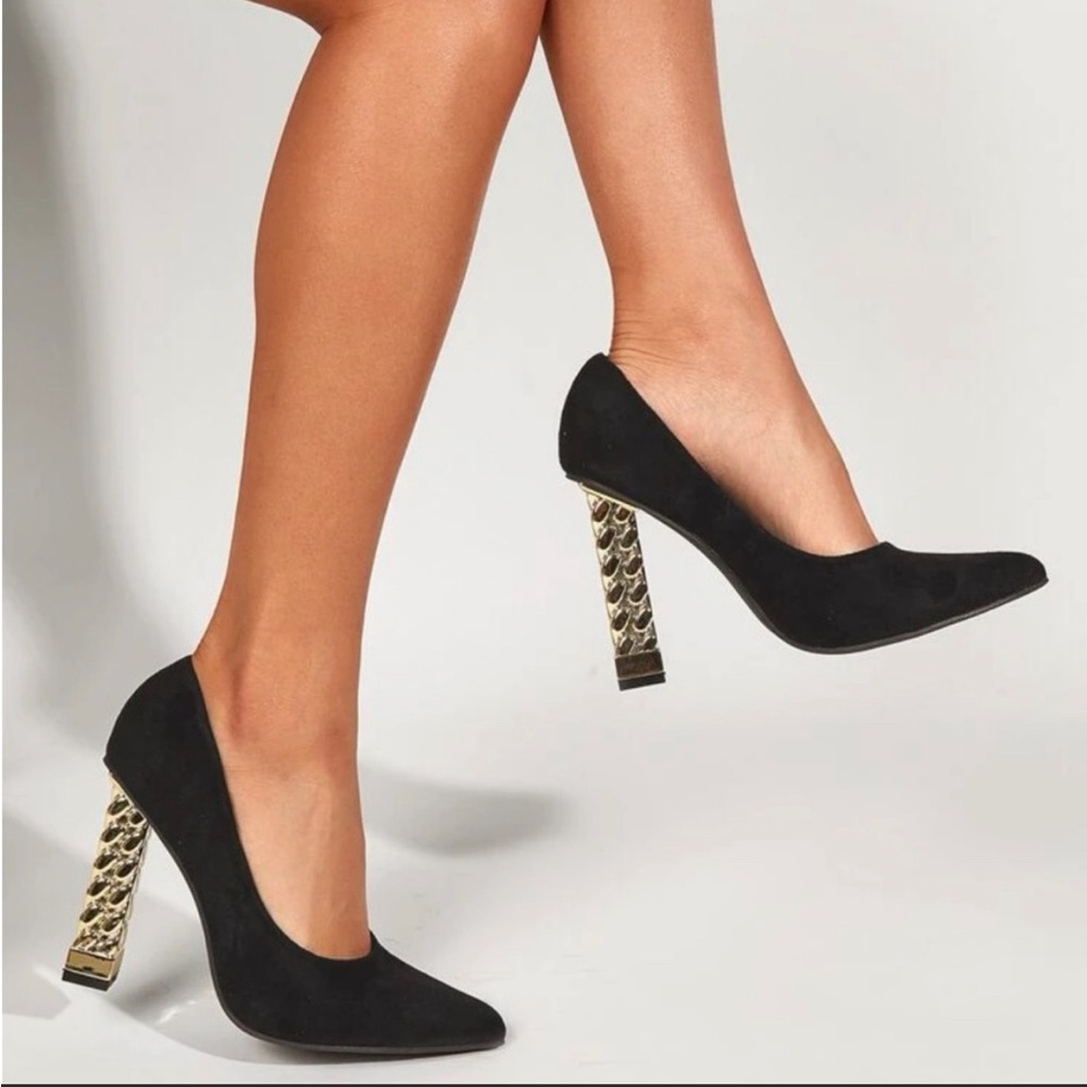 Black suede, gold chain-heel, SHEIN pumps